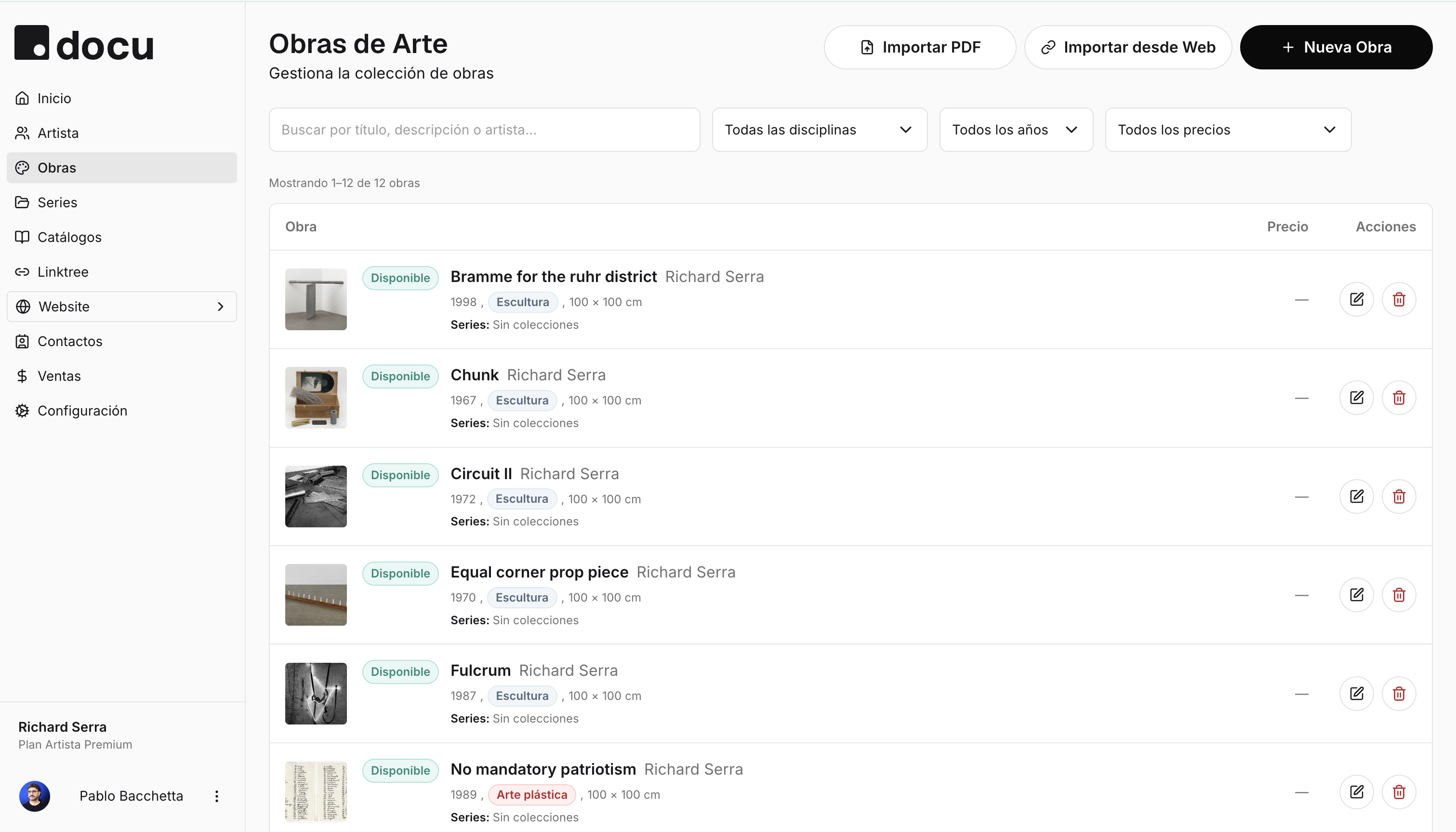 Registro de obras en el panel de docu